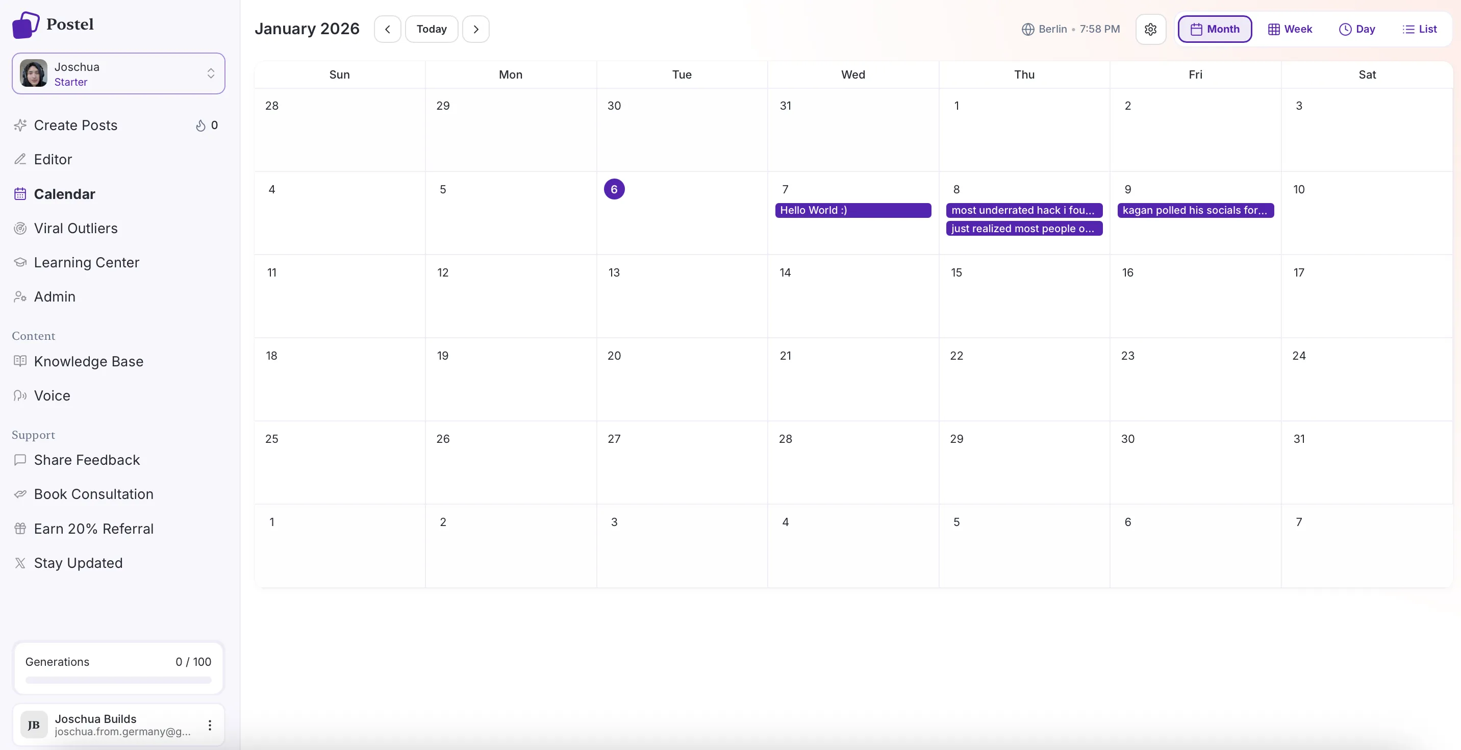Postel content calendar in month view