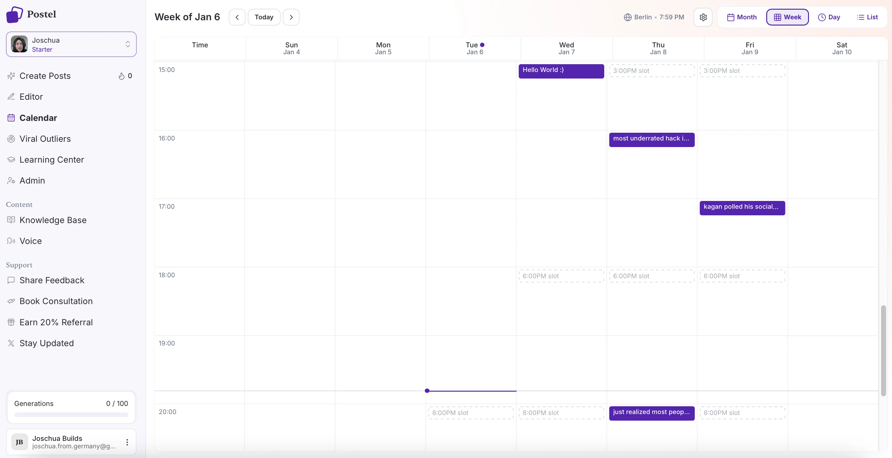 Postel calendar, week view